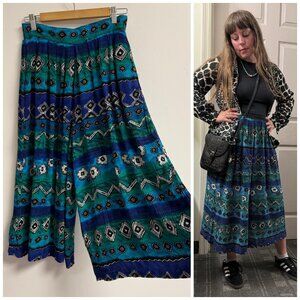 Vintage Wide Leg Culotte Gaucho Pleated Printed Cropped Pants Casual Corner M/L